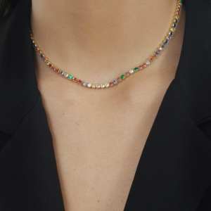 Colar  Chocker Riviera Pedras Coloridas Ouro 24K.